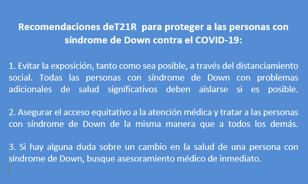 Recomendaciones deT21R  para proteger a las personas con síndrome de Down contra el COVID-19