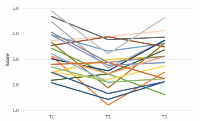 Fig. 1. Trayectorias individuales del informe parental sobre la persistencia en la niñez temprana (T1), la adolescencia (T2) y la adultez (T3). Los scores son las medias de la subescala, con un intervalo de 1 a 5.
